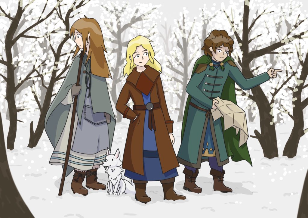 The heroes of A Fate Entwined standing in a snowy forest.